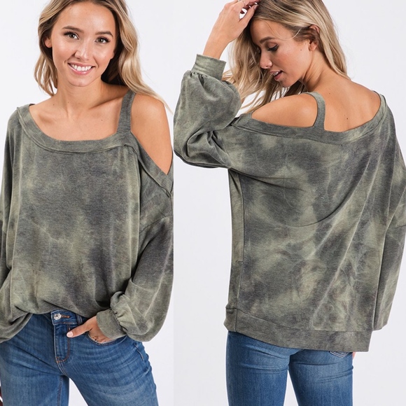 RUTH Tie Dye Cold Shoulder Top - OLIVE - Picture 2 of 2